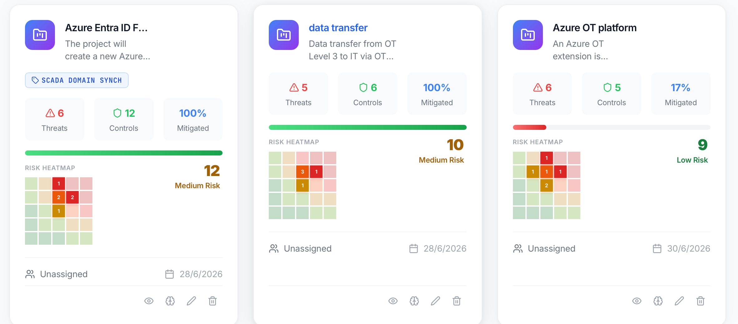 Metis scenario cards showing threats, controls, mitigation percentage and a risk heatmap